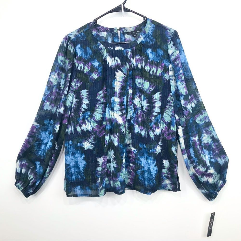 Zac & Rachel Navy Blue, Light Blue & Purple Tie-Dye Print Blouse